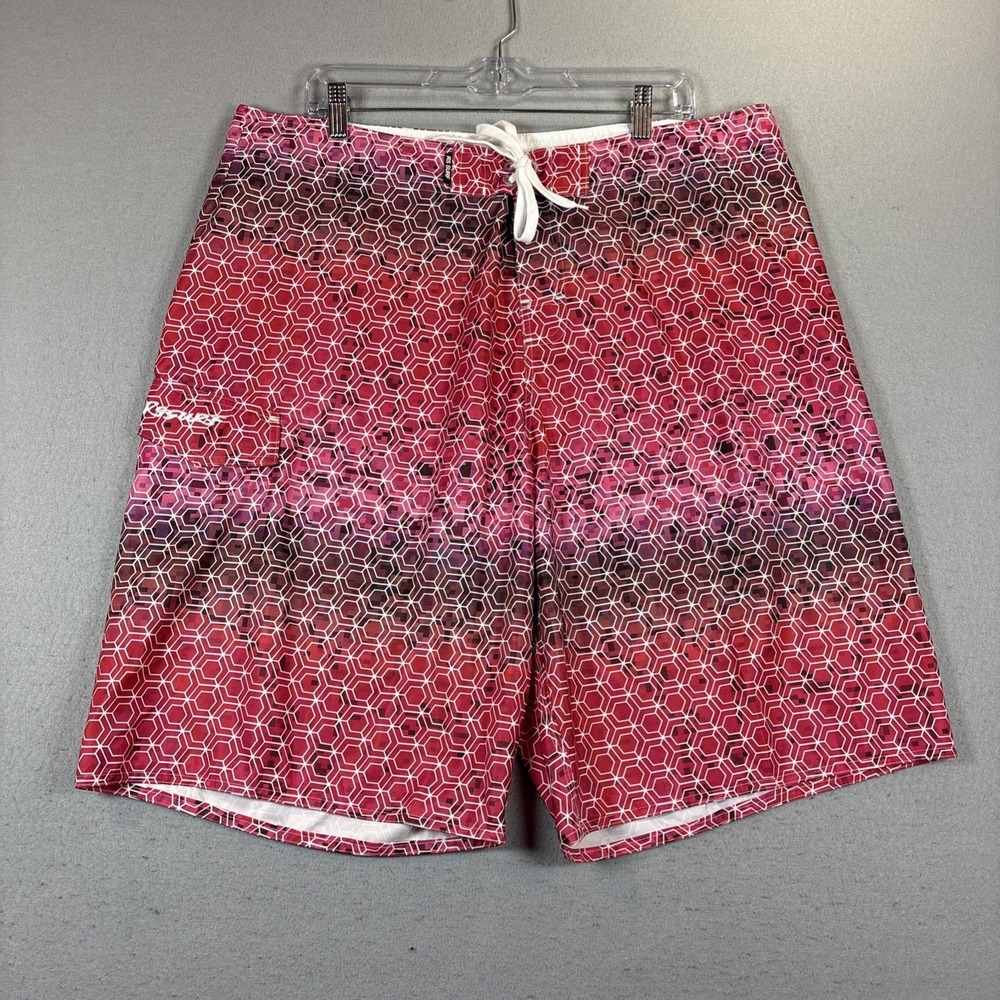 RS Surf‎ Men's 40 Board Shorts Red Hexagon Geometric Swim Relaxed